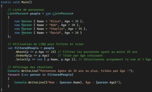 Un exemple de code qui démontre comment utiliser LINQ dans C Sharp