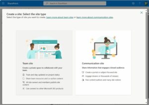 Une image qui montre la première option lors de la création d'un site Sharepoint